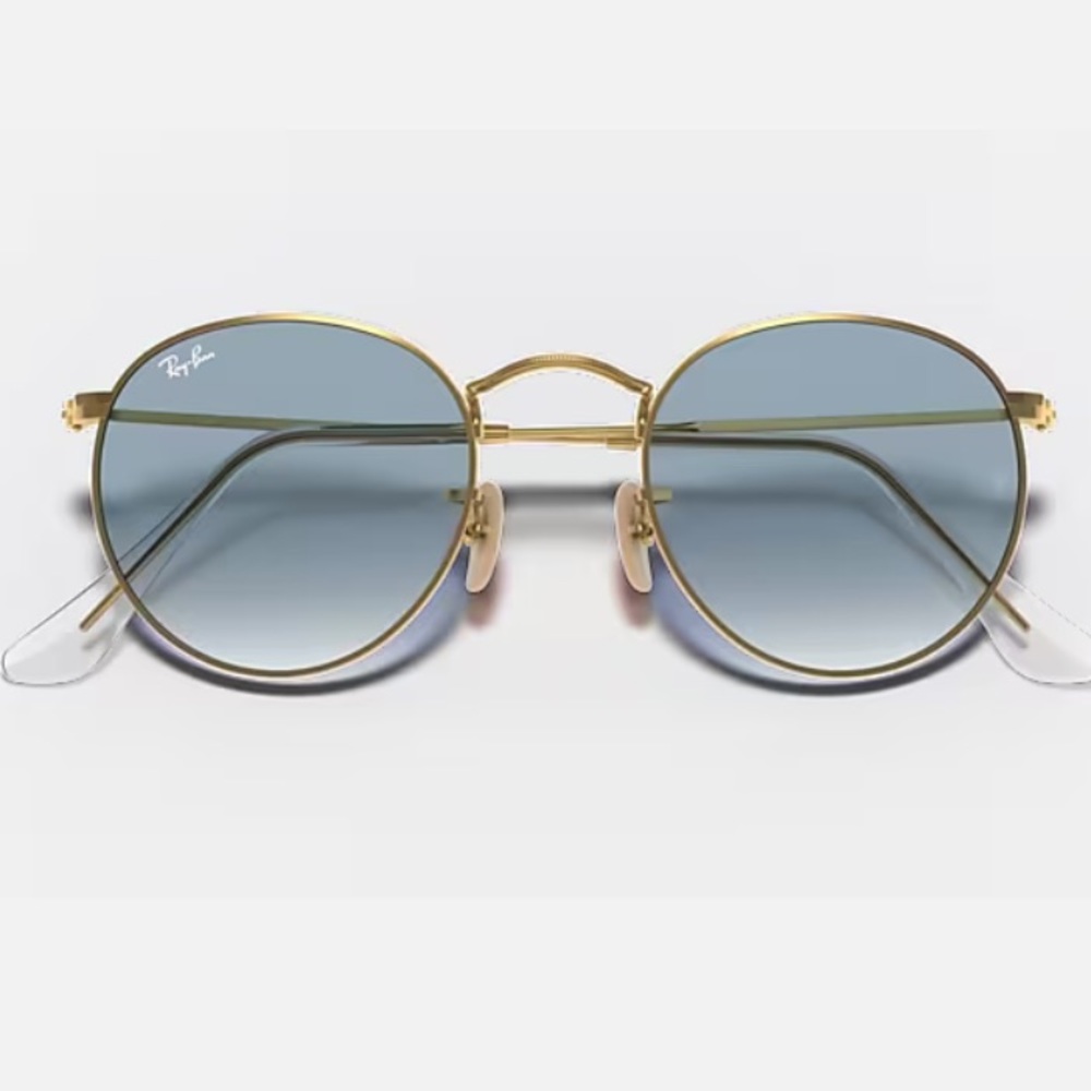 Ray-Ban Sunglasses Round Flat Lenses Gold Frame Blue Lenses - Picture 2 of 5